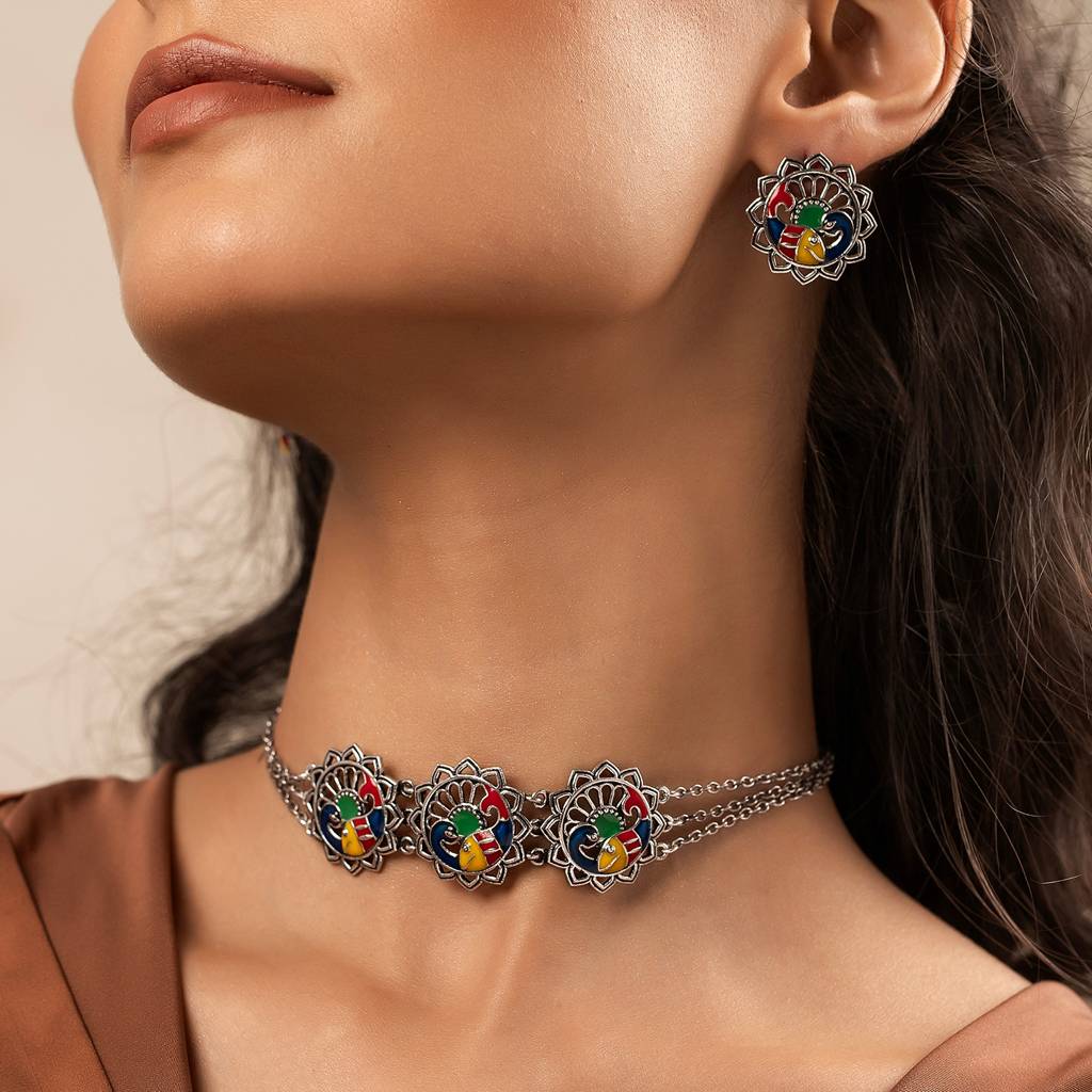 Madhubani Matsya Mayur Oxidised Enamel Choker Necklace Set : 8905124560886