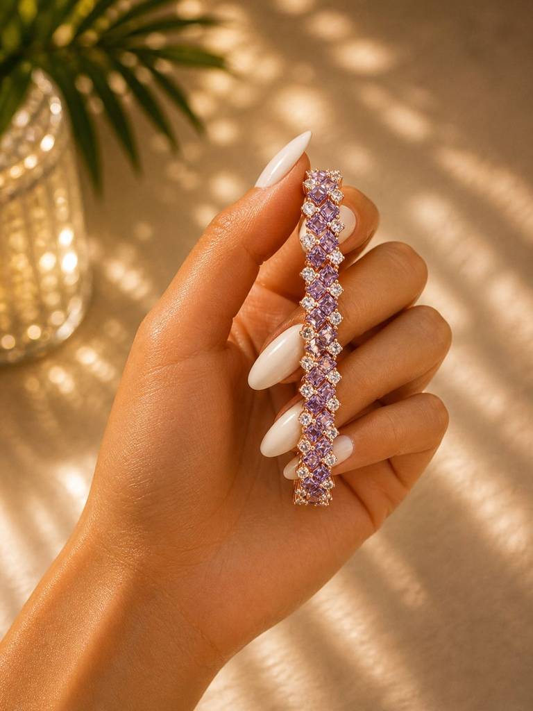 Ultra Premium Purple Amethyst Sugar Loaf Rose Gold Finish Tennis Bracelet For Women On Pure 925 Silver : TB4180