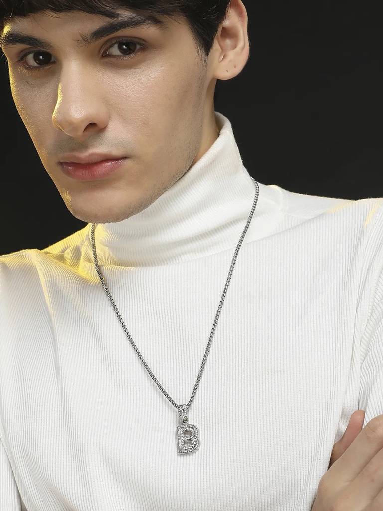 Men'S Embellished Alphabet Pendant Necklace - Silver : FANC1071-B
