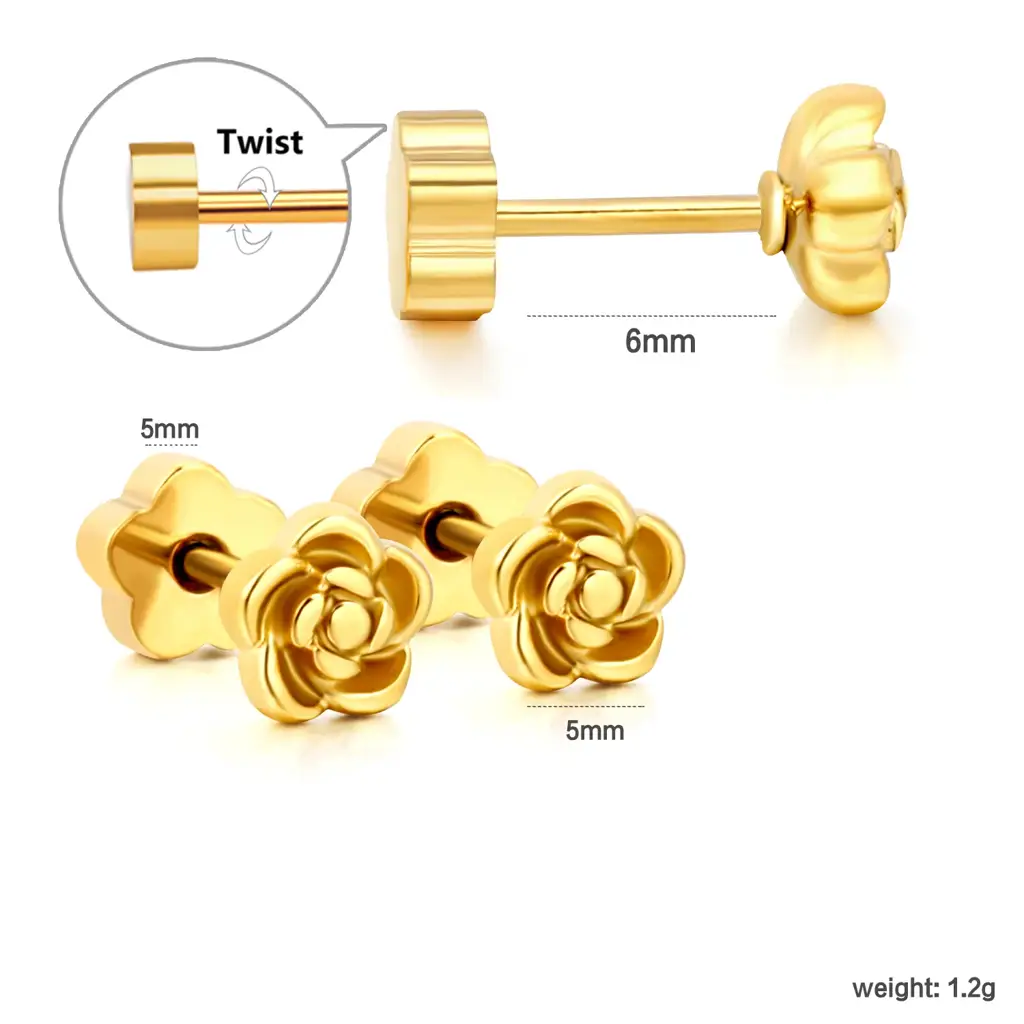 18K Gold Plated Cute Flower Earrings For Girls | Hypoallergenic Screw Back Kids Earrings | Surgical  : TWLK-JWLRY-CUTFLWER-PK2