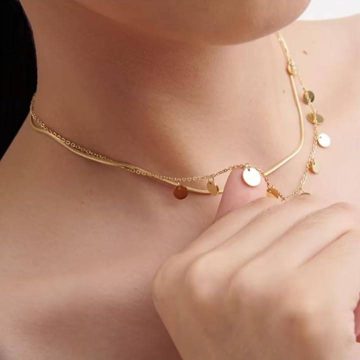 Diya Drop Disc Layered Necklace - Gold | 18K Gold Plated | Waterproof, Hypoallergenic & Anti-Tarnish : DSVDJY05250094