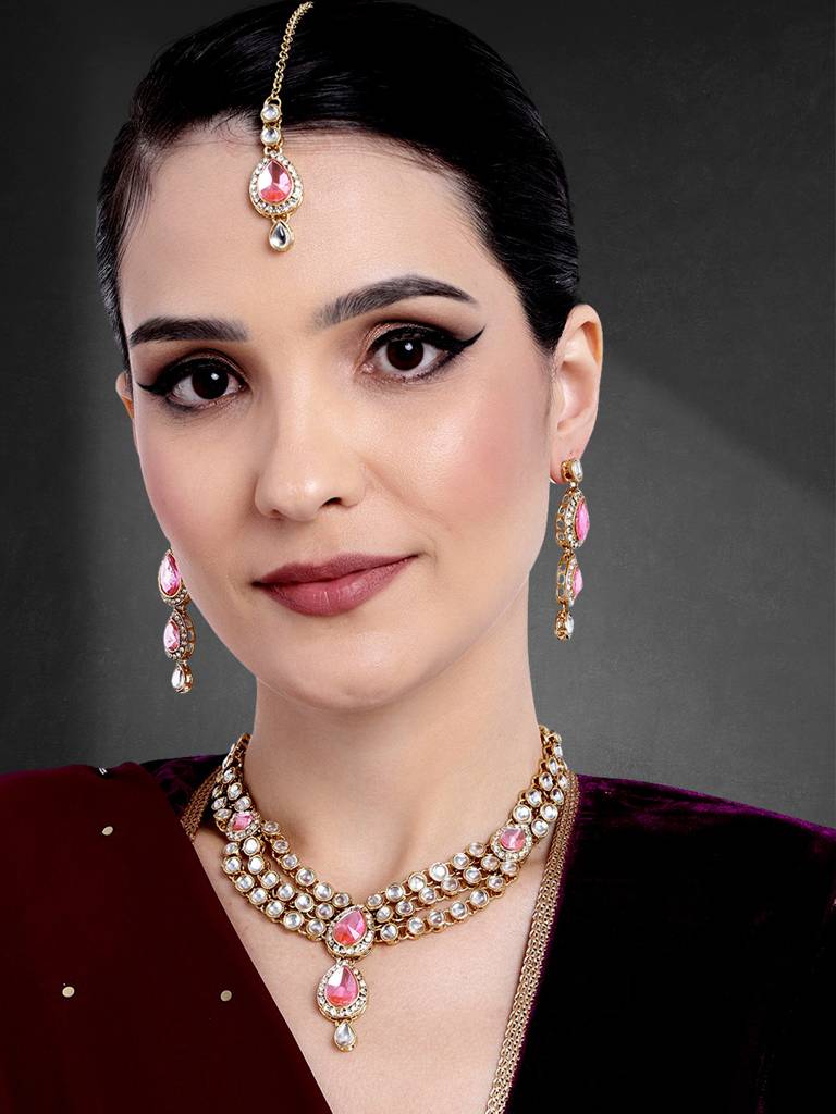 Peora Gold Plated Traditional Kundan Studded Long Necklace Jewellery Set With Earring Maang Tikka For Women Girls : PF25N009PK