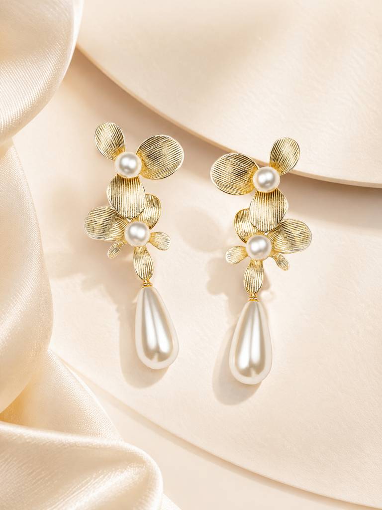 Floral Pearl Drop Gold Statement Earrings : AN-LJ-GO-0074-DE
