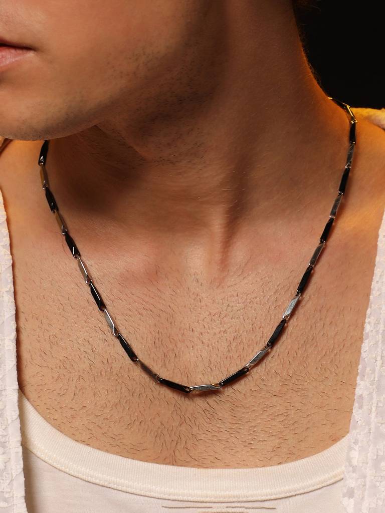 Men'S The Block Collar Necklace - Onyx Black:Metallic Silver : FANC1087