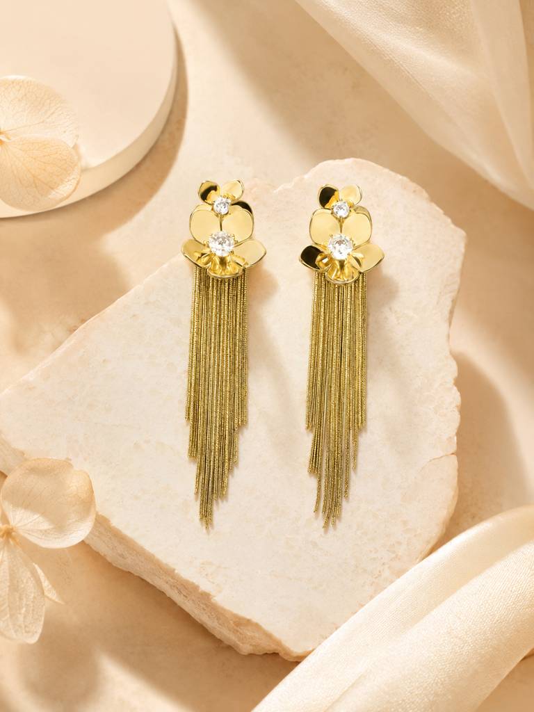Crystal Floral Tassel Gold Drop Earrings : AN-LJ-GO-0075-DE