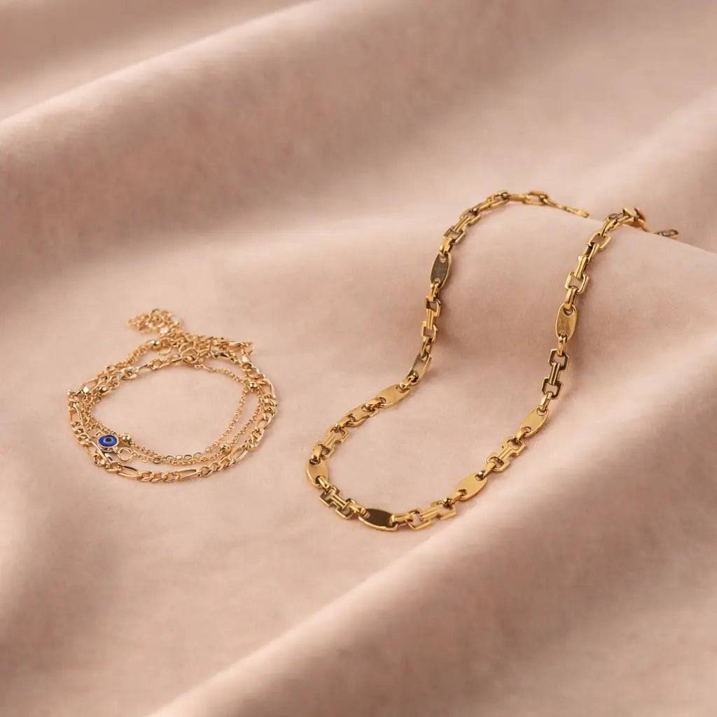 Lucky Eye Bracelet And Minimalist Necklace Combo : NBC-079-G-BU-1