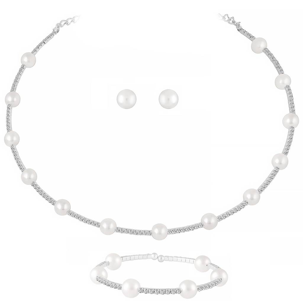 White Stylish Floral Necklace Earrings Bracelet Set For Women & Girls Silver Plated Cz & Pearl Studded Festive Fanc : PX9N216W