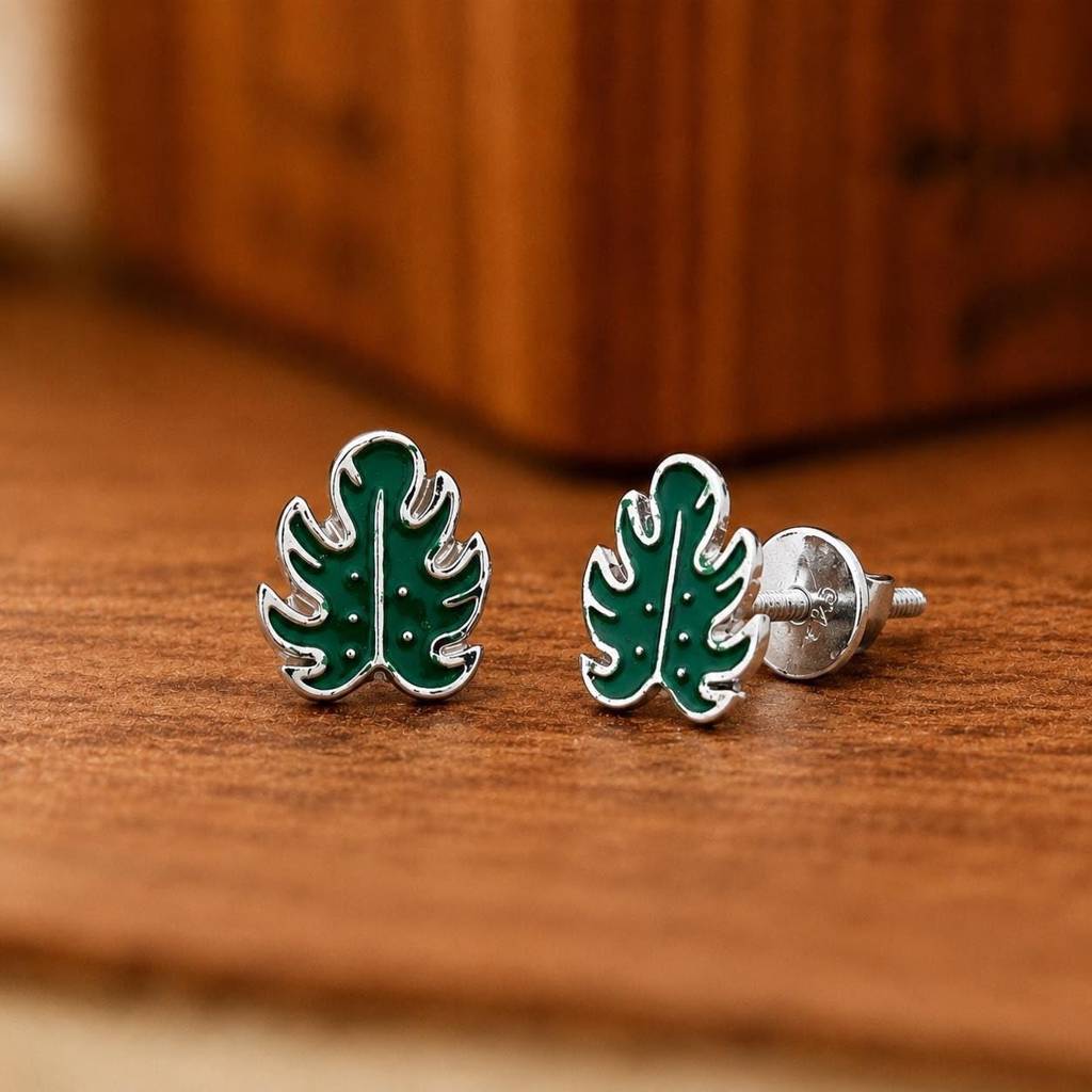 925 Sterling Silver Green Monstera Leaf Earrings : SE_001144