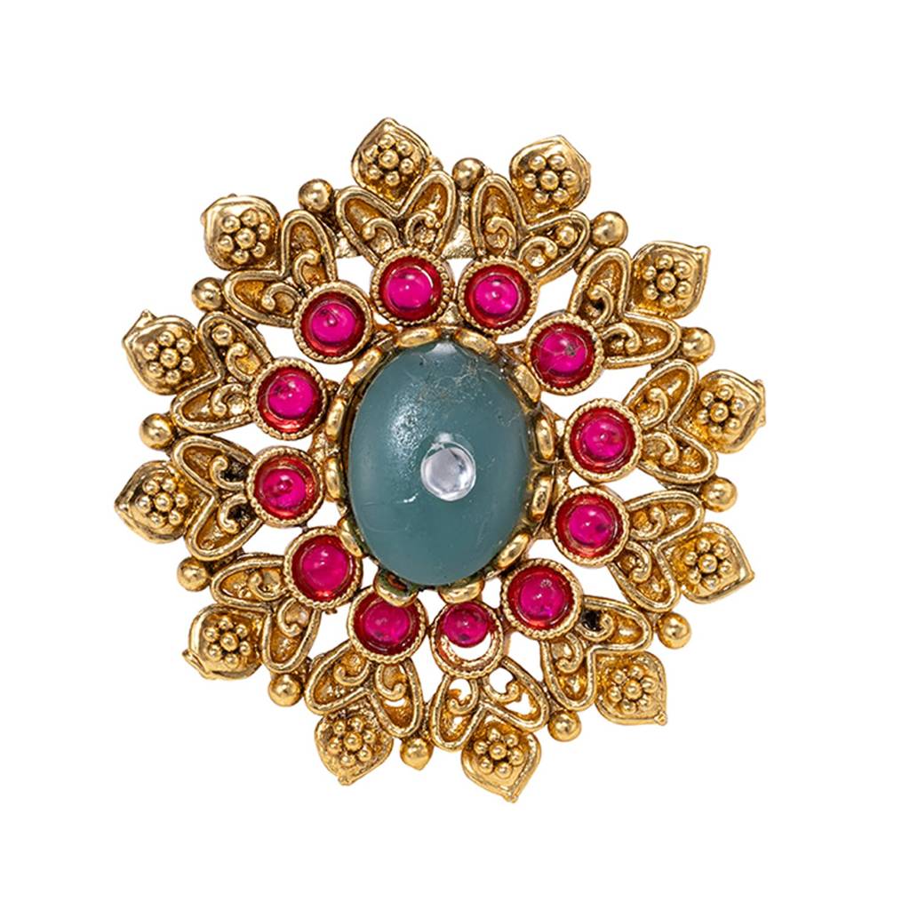 Ethnic Gold Plated Rani Pink Green Adjustable Finger Ring For Women : PF04R06RPG