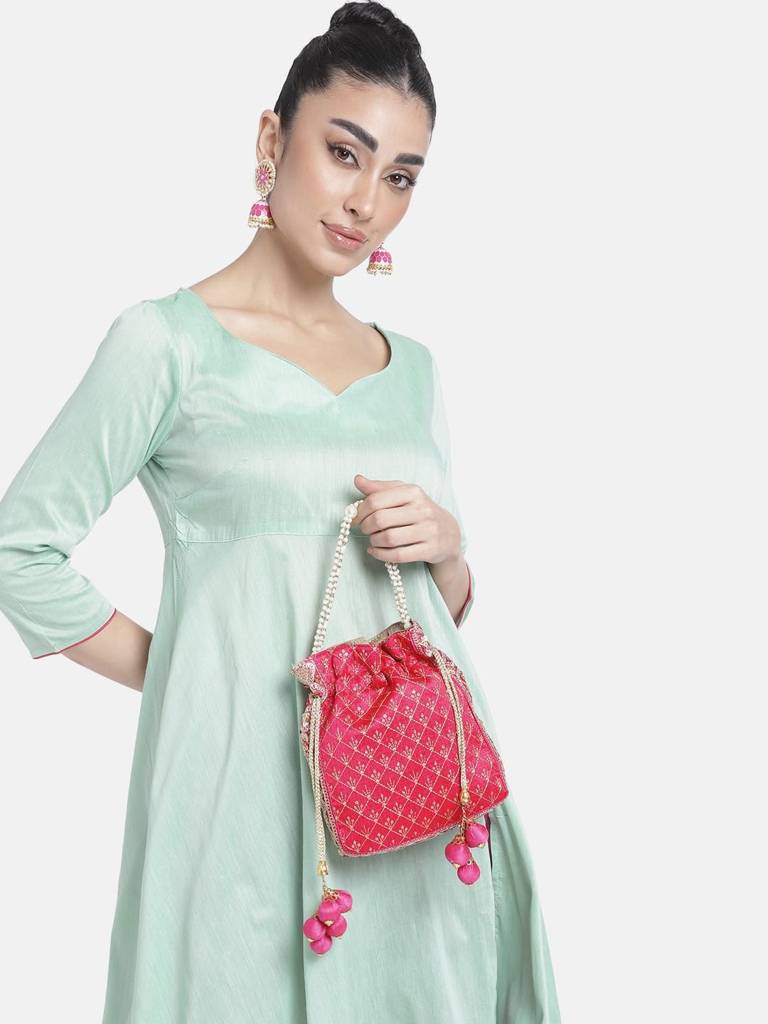 Rani Pink Potli Bag For Women Handmade Evening Wristlet Handbag Stylish Bridal Purse Fashion Bag For Girls (P26Rp) : P26RP