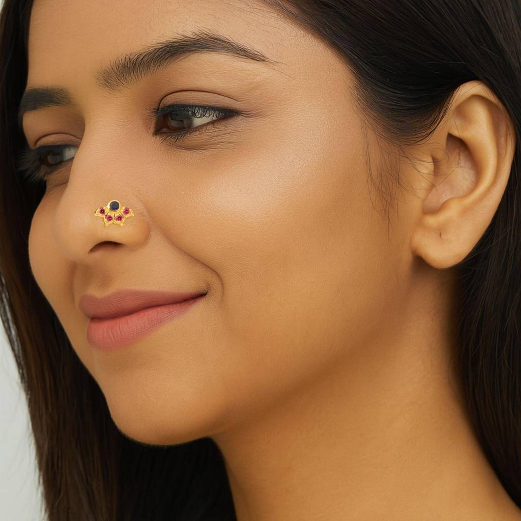 Cz Floral Nose Pin - Sterling Silver Gold Plated : NP00043_925S_W_BLCZ