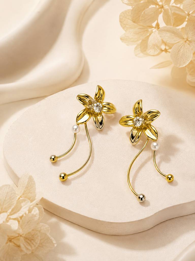 Crystal Pearl Floral Long Drop Earrings : AN-LJ-GO-0091-DE