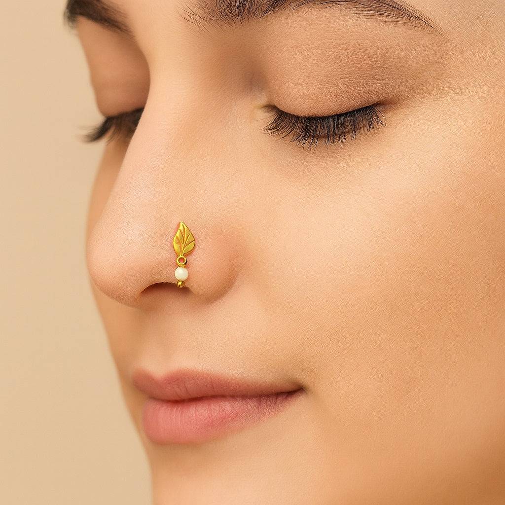 Pearl Drop Leaf Motif Nose Pin 925 Sterling Silver Gold Plated : NP-0028-N-1-snp-0029