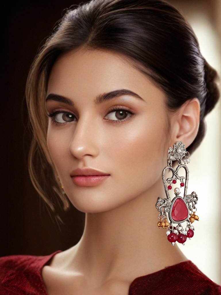 Celebrity-Inspired Oxidised Silver Magenta Color Earrings For Girls & Women : 436-KEO-15227-R-S