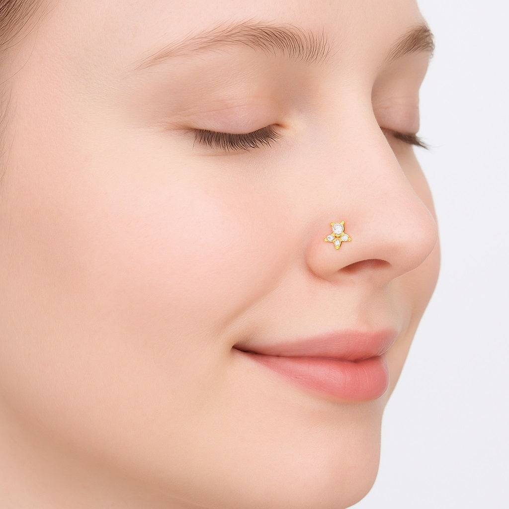 White Cz Triangle Cluster Nose Pin - Sterling Silver Gold Plated : NP-00094_925S_W