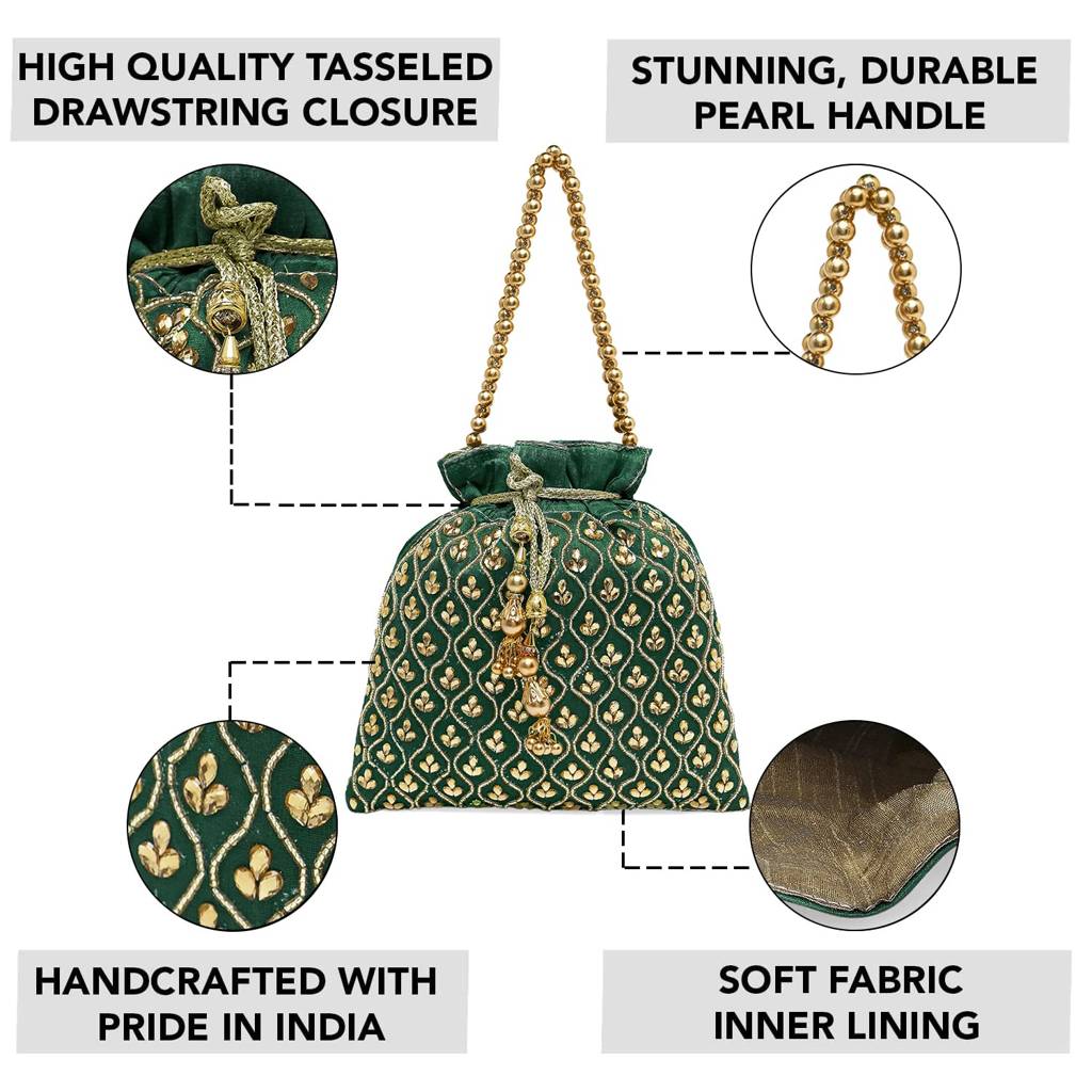 Potli Bags For Women Girls Evening Bag Wristlet Ethnic Bridal Purse With Drawstring : P27GRN