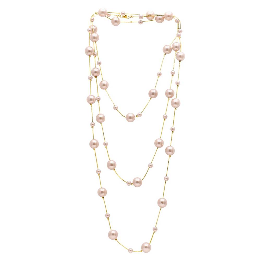 Gold Plated Peach Pearl Studded 3 Layer Necklace Stylish Jewellery Gift For Women & Girls : PX9N78