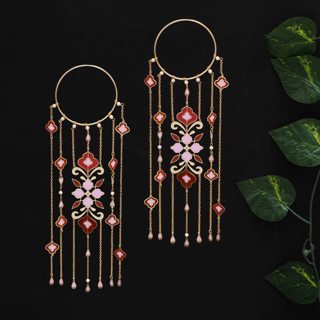 Floral Enamel Bridal Kaleere With Pearl Drop Chains - Set Of 2 Pieces : ACKL084