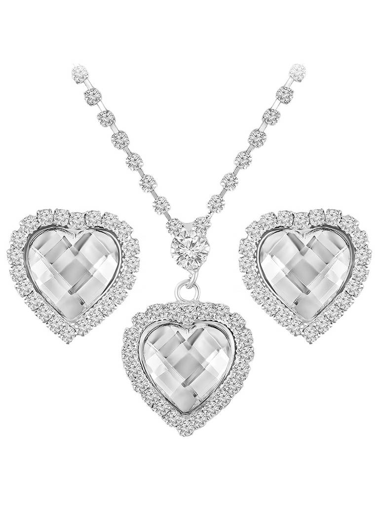 White Fancy Pendant Chain Necklace Earrings Set For Women & Girls Silver Plated Crystals & Cz Studded Stylish Desig : PX9PS55W