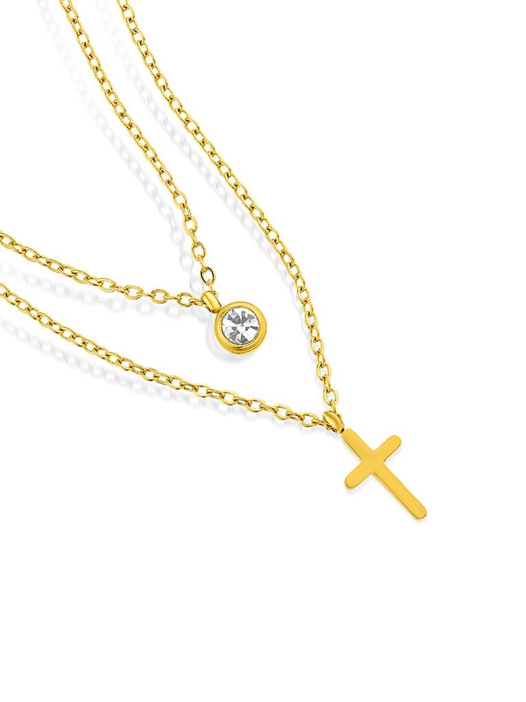 18K Gold Plated Cross Layered Necklace Stainless Steel Waterproof & Anti-Tarnish : N11ASSS0G