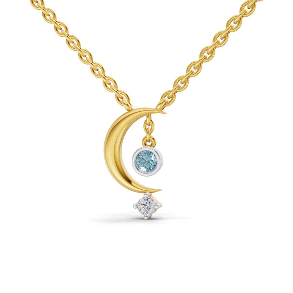 Lab Grown Diamond 0.07Ct Round 925 Sterling Silver Gold Plated Half Moon Necklace : SQN19735-NK-925S-007CT