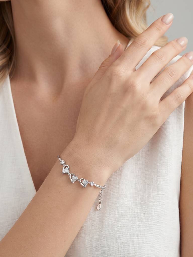925 Silver Three Heart Ribbon Bracelet For Women : BR-62