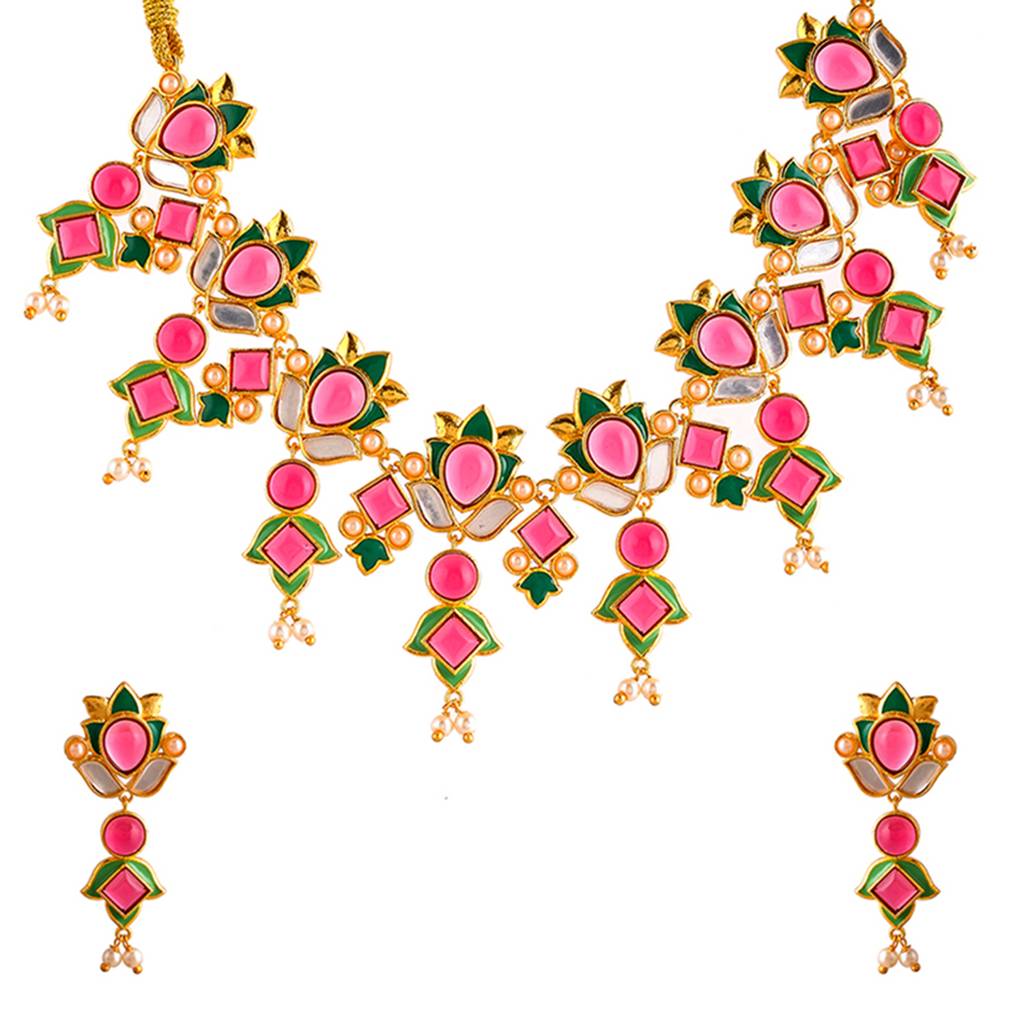 Forever More Green Enamel Tulips Red Stones And Pearls Jewellery Set : 8905124498165