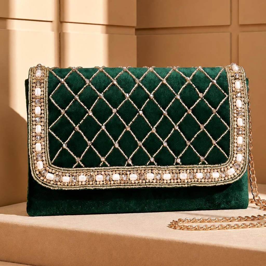 Quilted Pearl Embellished Clutch Bag For Women | Gold Beaded Strap | Wedding Festive Evening Purse : C189GRN