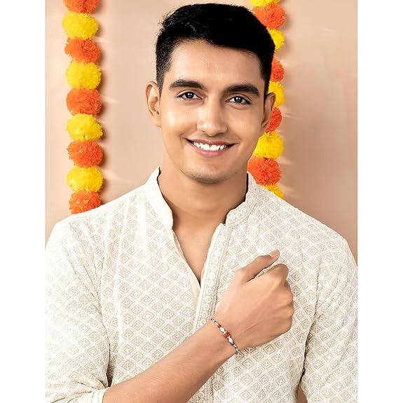 925 Sterling Silver Rudraksh & Pearl Rakhi For Brother Bhaiya Maroon & Cream Thread Raksha Bandhan Hamper With Roli C : R18S08