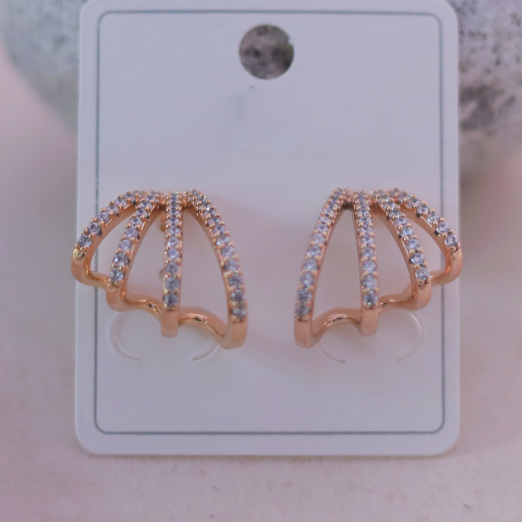Rose Gold Triple-Band Pave Cubic Zirconia Ear Climber Earrings : RB-27A