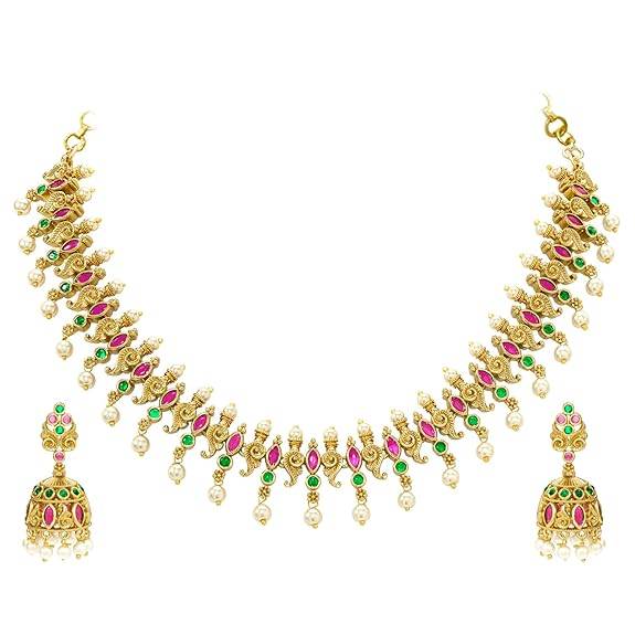 Rani Pink Green Necklace Earrings For Women & Girls Gold Plated Faux Ruby Emerald & Pearl Studded Festive Traditio : PF76N03RG