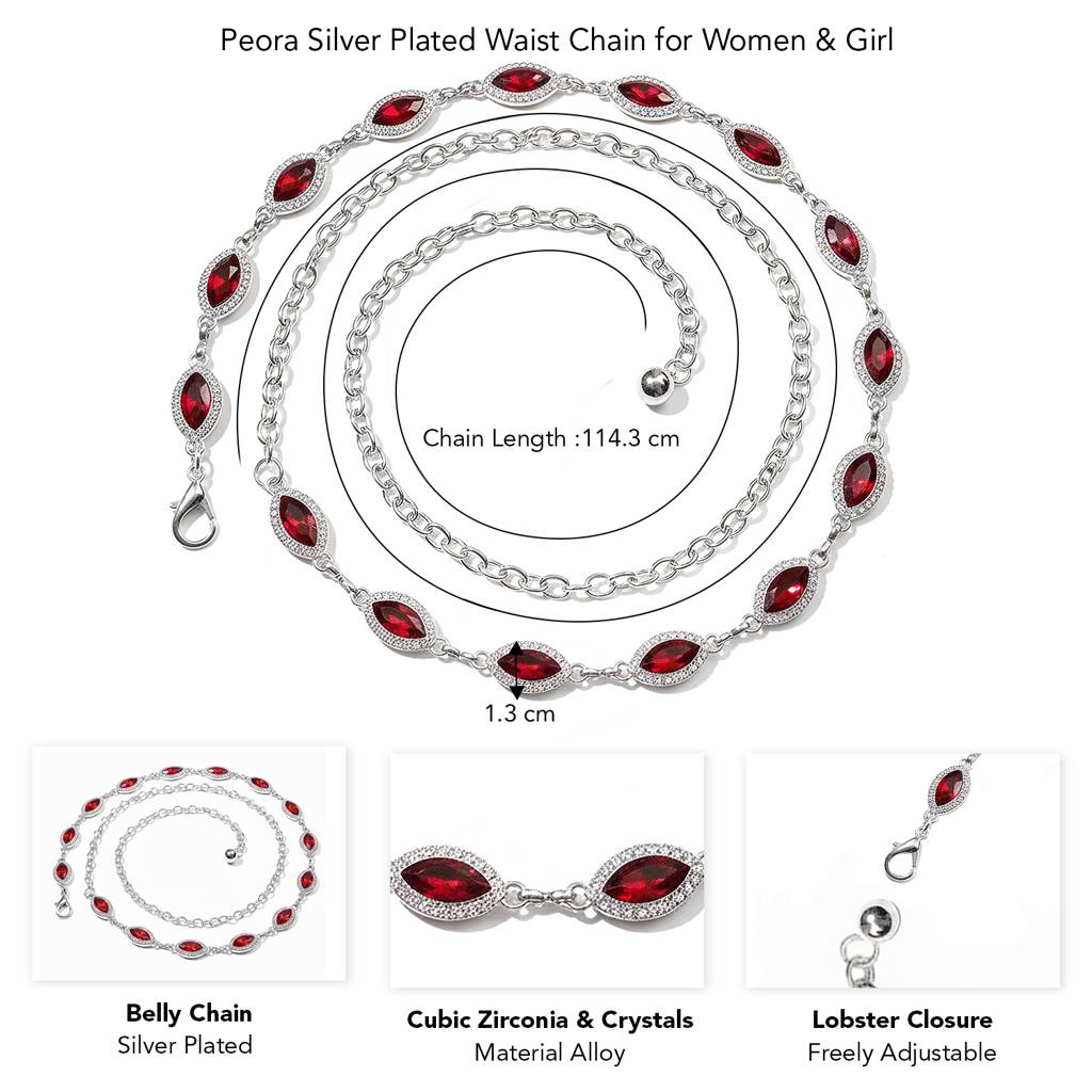Cubic Zirconia & Red Crystals Studded Silver Plated Fancy Kamarbandh Belly Chain Waist Chain Jewellery For Women & : PX9BCH76R