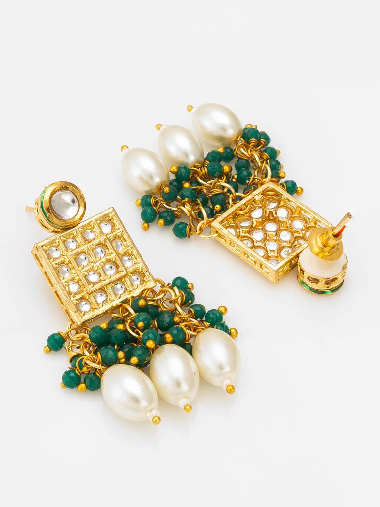 Kundan Pendant Long Necklace Set With Emerald Crystal Beads And Pearl Drops, Earrings Included : NK4241