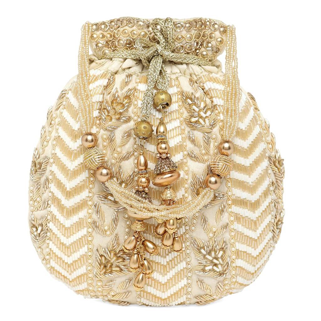 Potli Bag For Women Handmade Evening Wristlet Handbag Stylish Bridal Purse Fashion Bag For Girls (P128Crm) : P128CRM