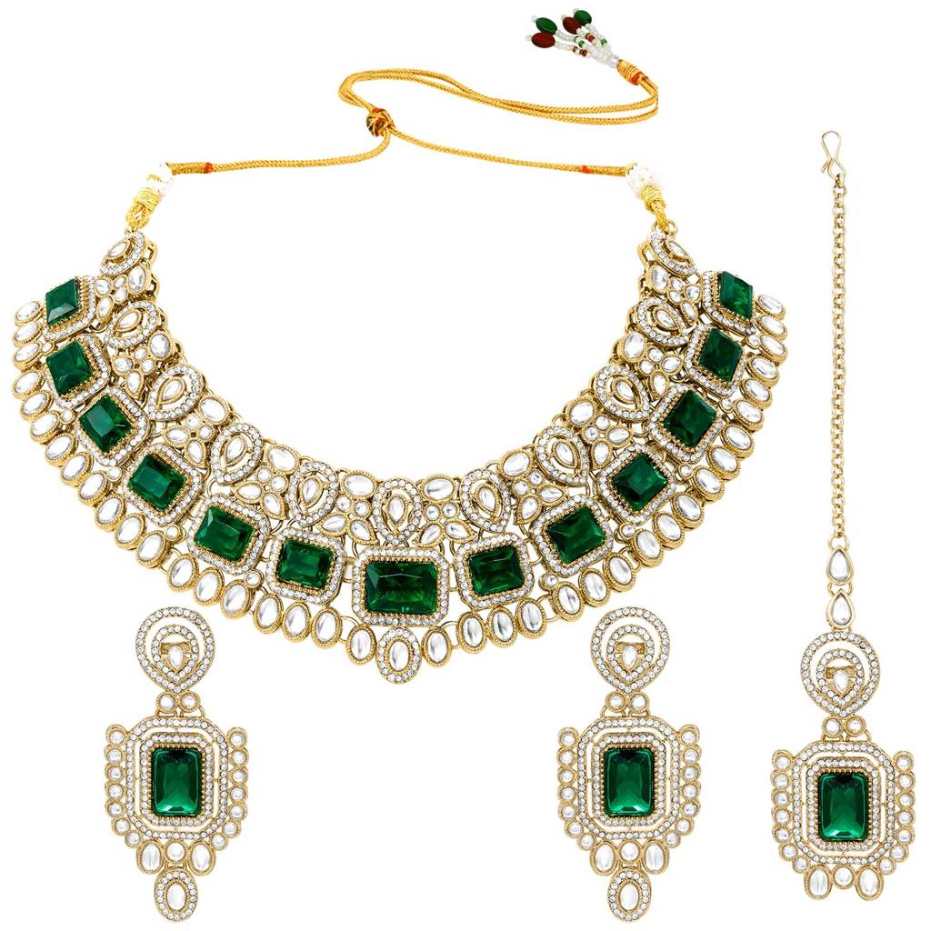 Green Crystal Studded Necklace Earring Maangtikka Set For Women : PF28N383GRN