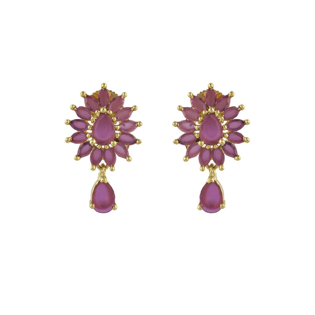 Sparkling Elegance Floral Teardrop Cut Zircons Adorned Gold Plated Drop Earrings : 8905124472325