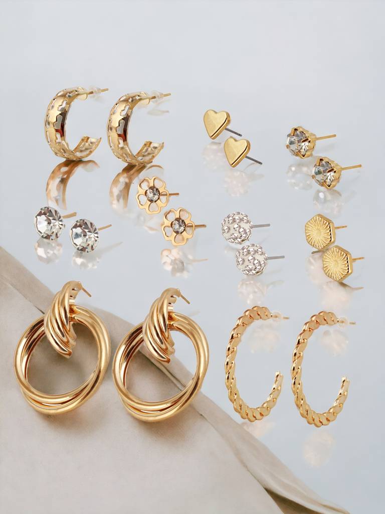 9 Pairs Combo Earrings- Gold Plated Stone Studs, Chain Link Danglers And C Shaped Drops : 225-CHEX-1157-9