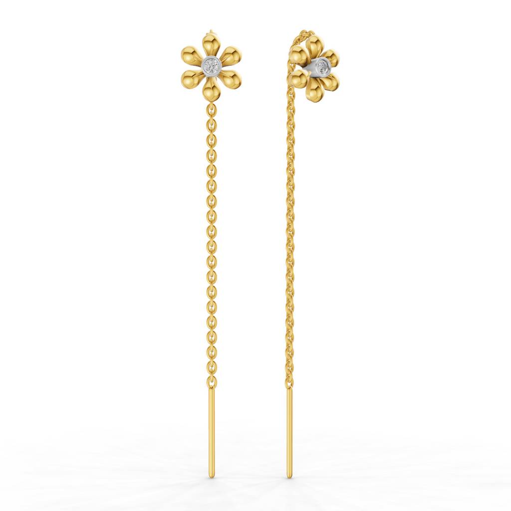 Lab Grown Diamond 0.07Ct 925 Sterling Silver Gold Plated Floral Threader Earrings : SQT19734-EG-925S-007CT