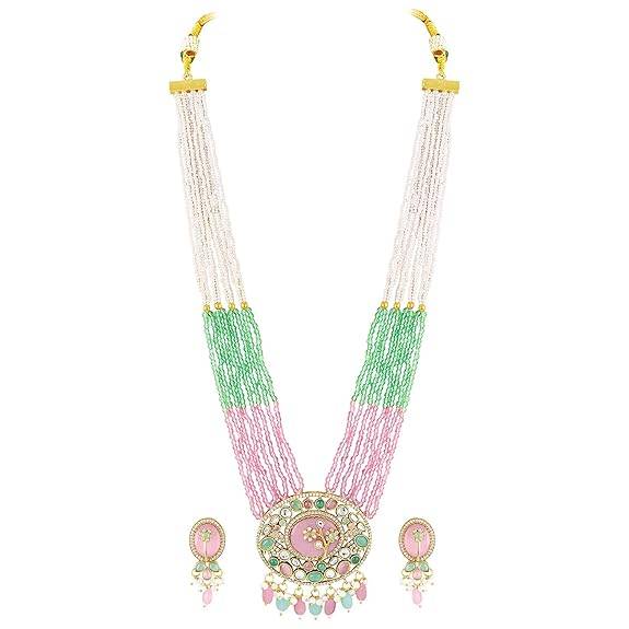 Pink Mint Stylish Long Necklace Earrings For Women & Girls Gold Plated Kundan & Beads Studded Festive Ethnic J : PF77LS04PKMNT