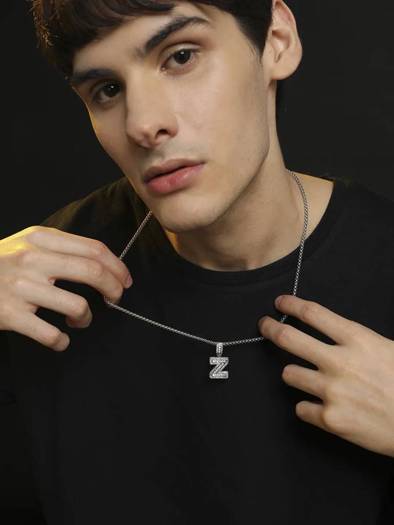 Men'S Embellished Alphabet Pendant Necklace - Silver : FANC1071-Y