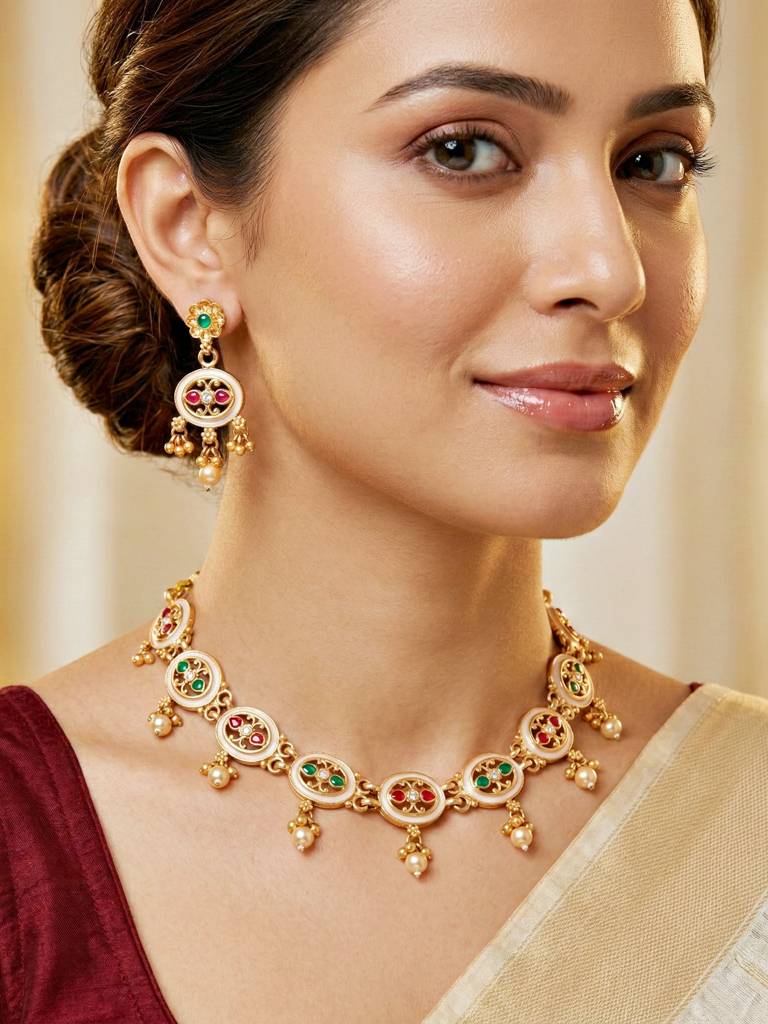 Gold-Plated Meenakari Red & Green Stone Traditional Necklace Set With Earrings For Women | Ethnic Wedding J : 580-G2SR-261-WRG