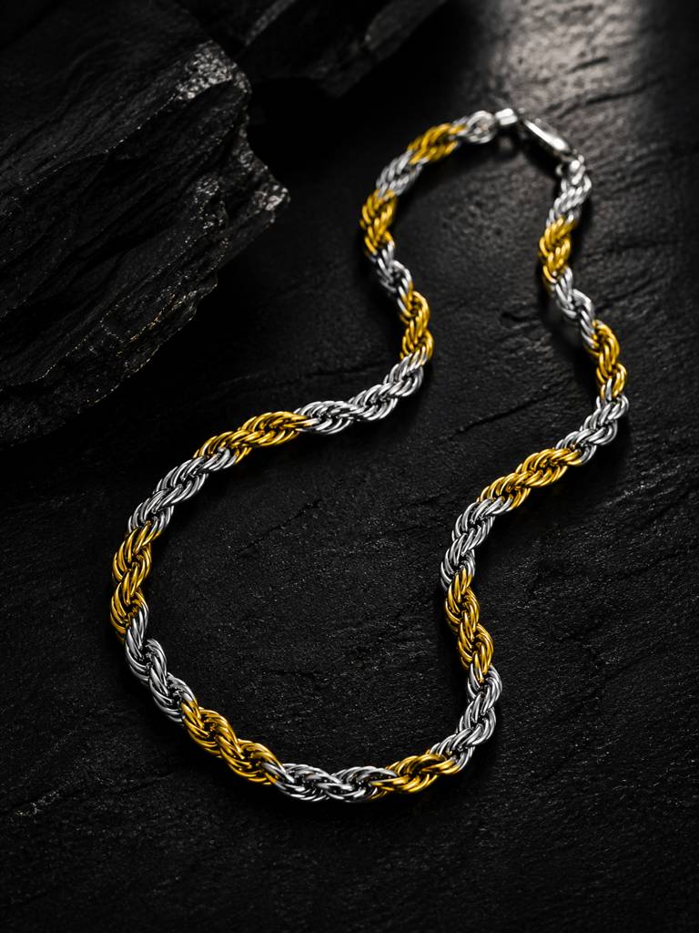 18K Gold & Silver Rhodium-Plated Waterproof Stainless Steel Rope Chain : AN-LJ-GO-0006-DC-M