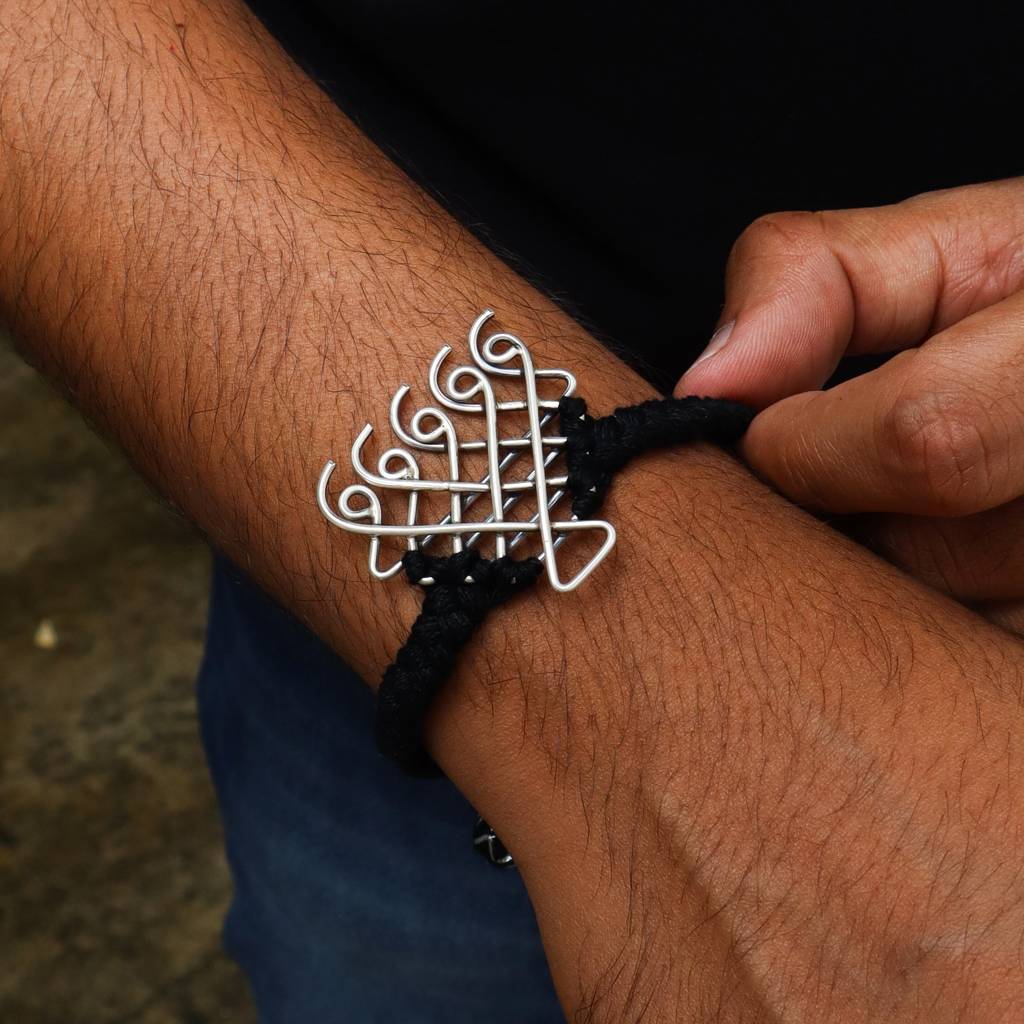 Silver Saraswati Bracelet For Men With Bl : Silver_Saraswati_Bracelet_for_Men_Women_with_Black_Thread_Motif_size_Medium_July25