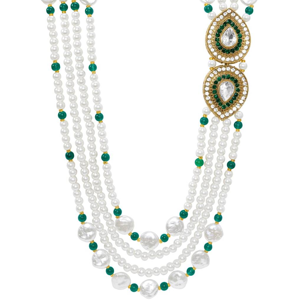 Ethnic Green White Multi Layer Shervani Haar Necklace Men'S Jewellery : PF31MN09GRN