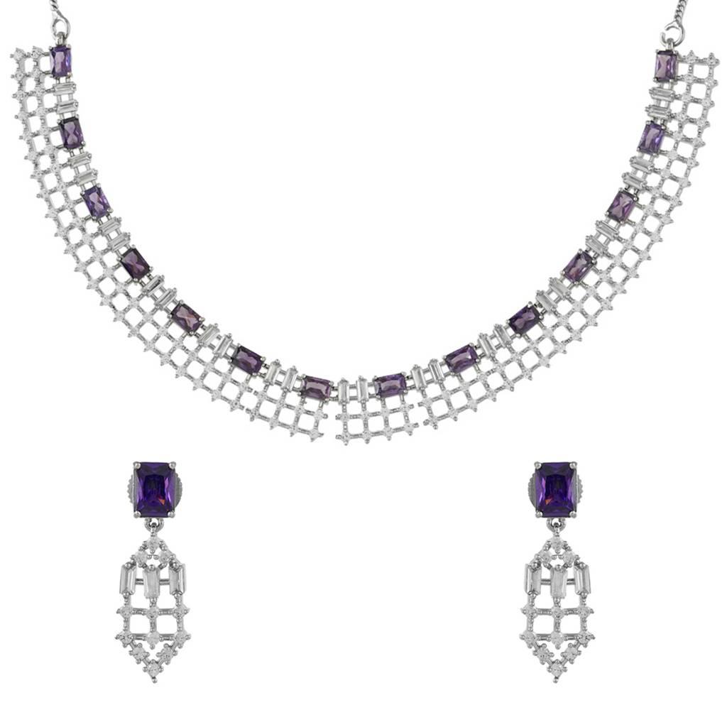 Sparkling Elegance Glamorous Purple American Diamond Necklace Set : 8905124533033