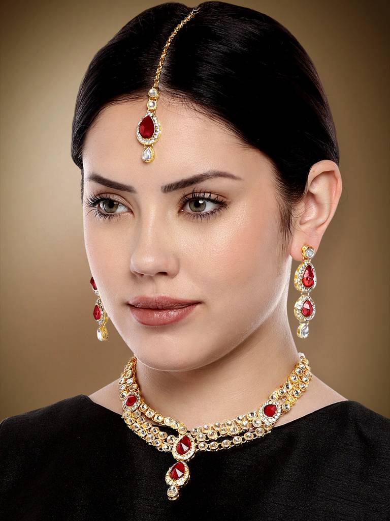 Peora Gold Plated Traditional Kundan Studded Long Necklace Jewellery Set With Earring Maang Tikka For Women Girls : Pf25N009M