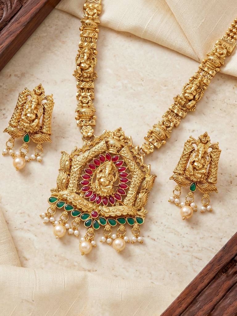 Gold-Plated Temple Jewellery Ganesh Idol Ruby & Green Color Necklace Set With Earrings For Women | Tradition : 660-G2SR-201-RG