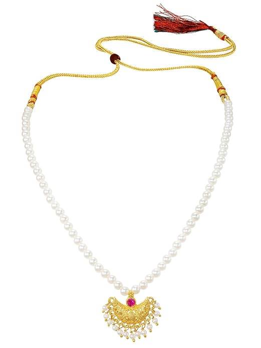 Gold Plated White Beads & Pink Crystal Studded Necklace For Women | Festive & Bridal Jewellery, Anniversary Birthd : PF04N19RP