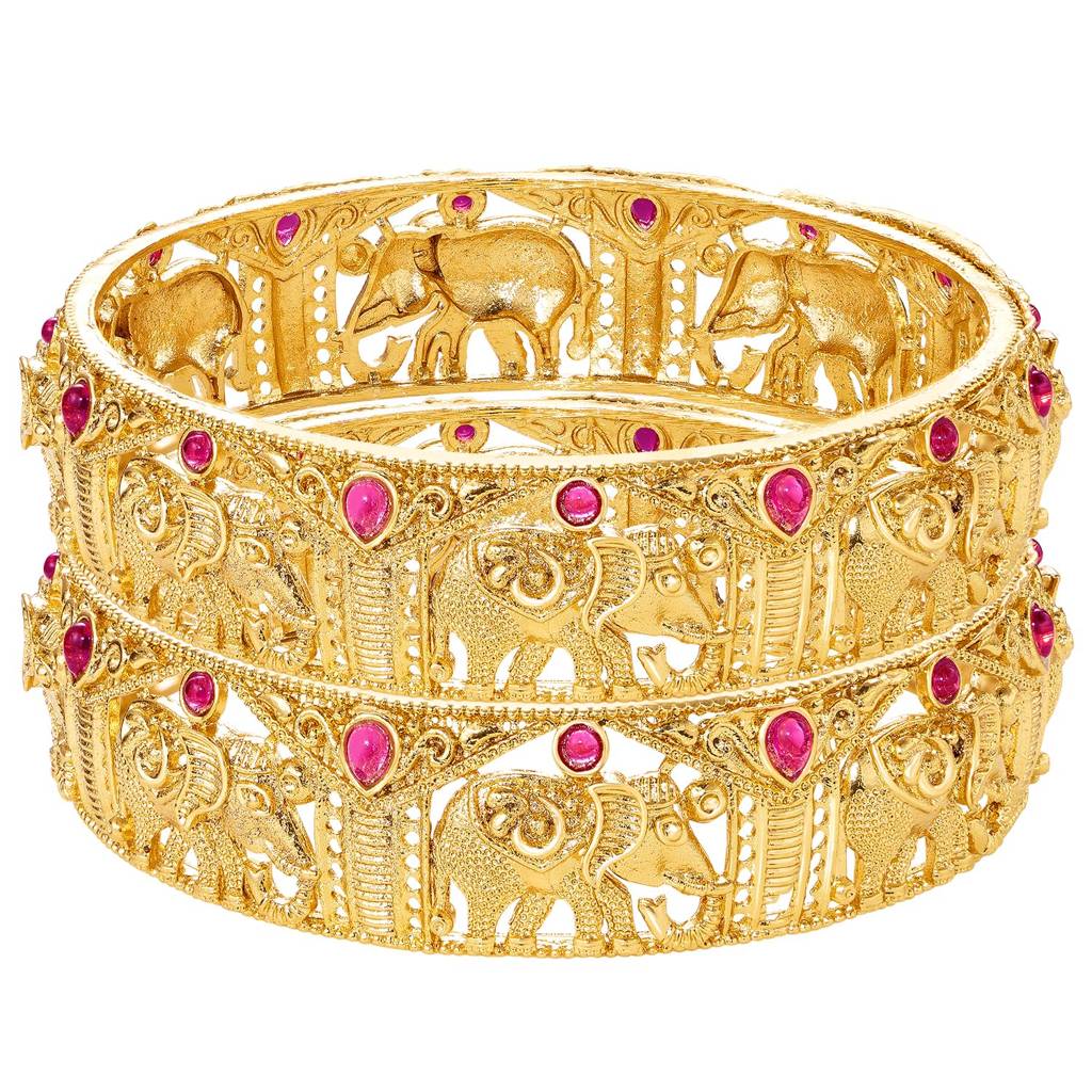 Gold Plated Rani Pink Crystals Studded Ethnic Thick Bangles For Women | Faux Ruby Studded Chuda, Set Of 2, S : PF106B05RP-S2-8