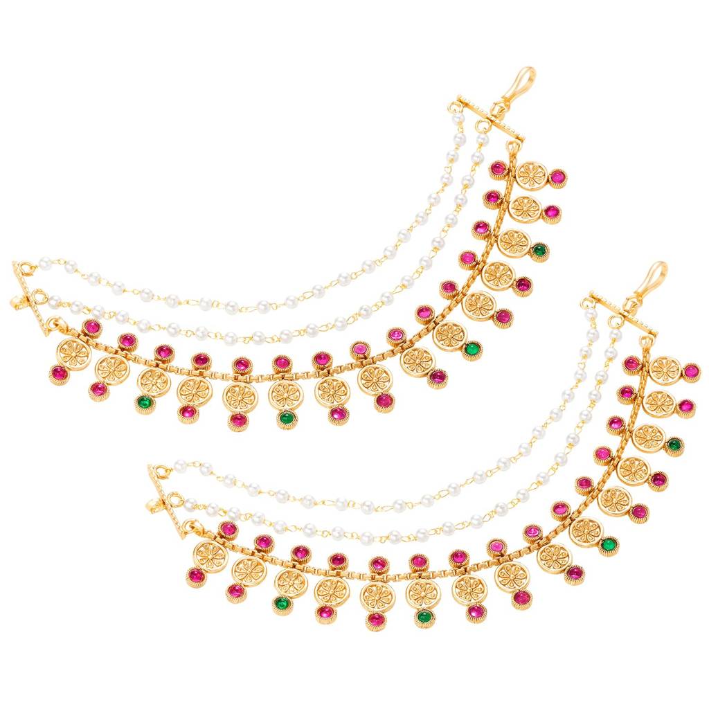 Rani Pink Green Gold Plated 3 Layer Earring Chain Jewellery For Women : PF109EC01RPG